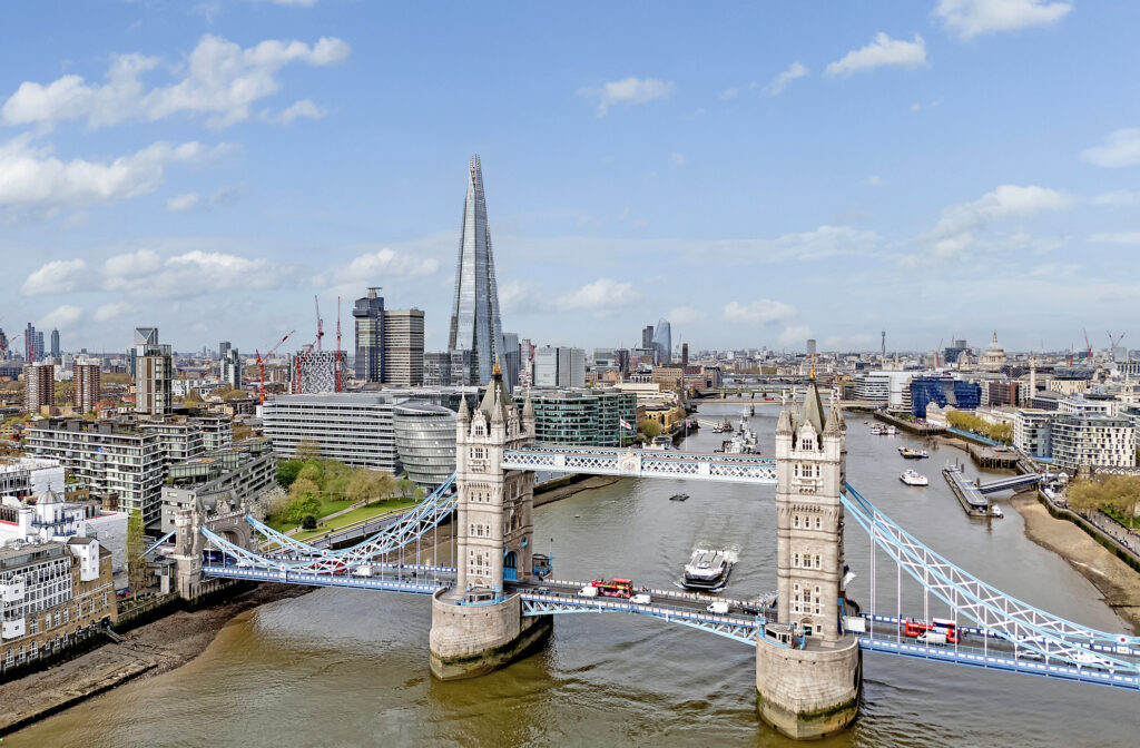 Aerial view of Tower Bridge and the Shard in London